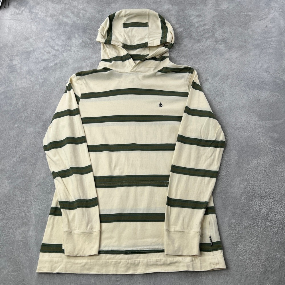 Volcom Outstoned Shirt Hood Striped Long Sleeve T-Shirt M Cream Green Skate Surf